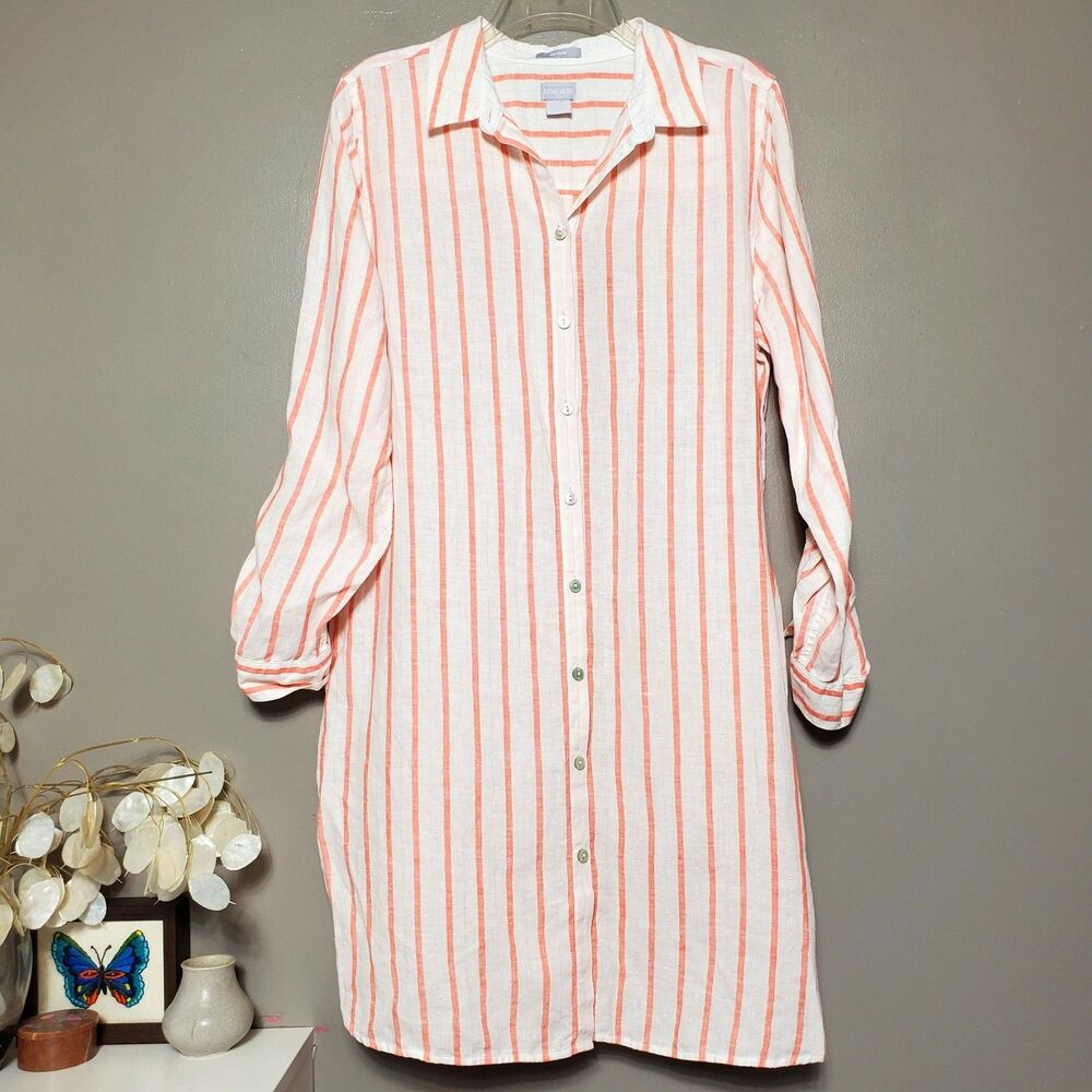 Chico’s No Iron Linen Shirt Size 12 White Orange Striped Roll Tab Button Up